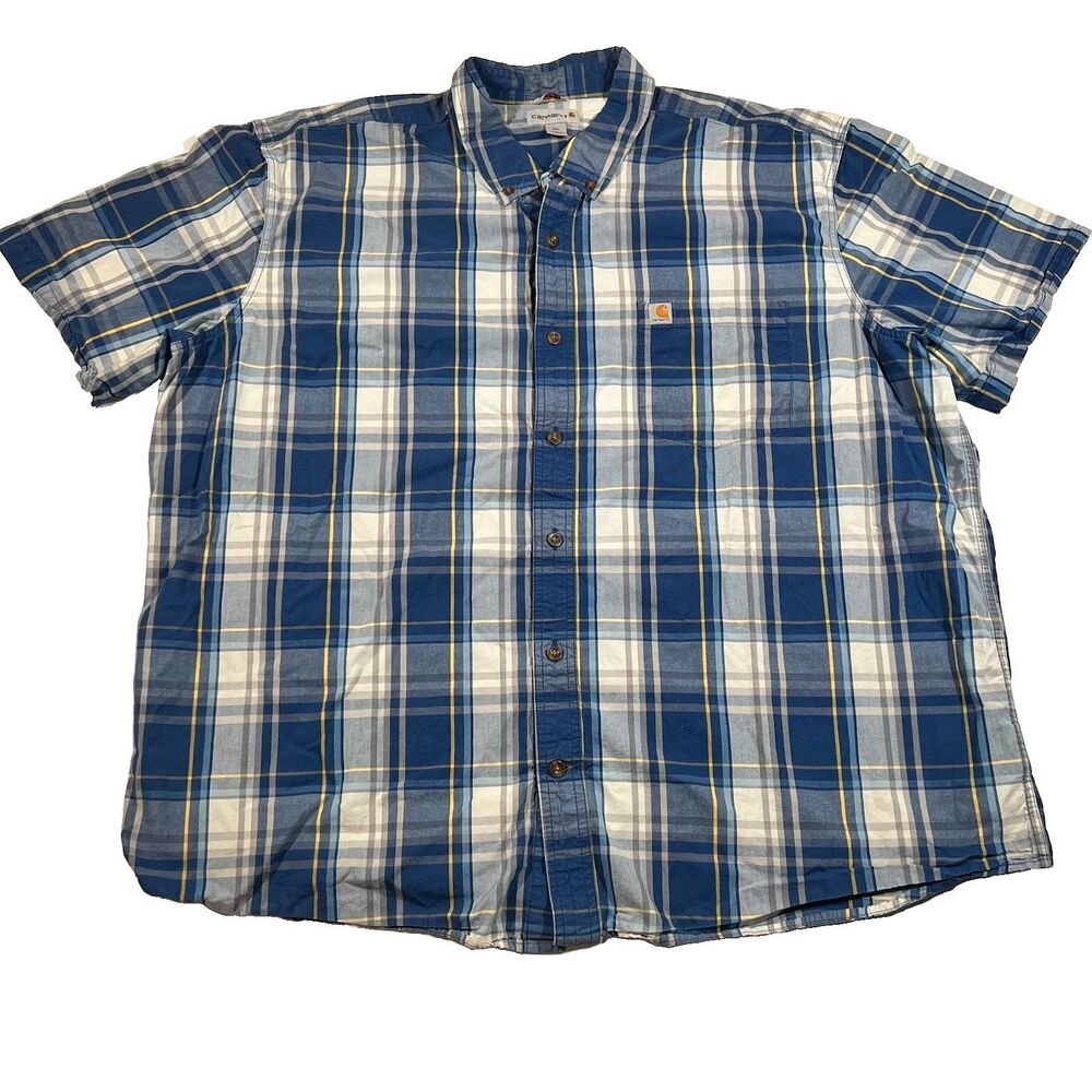 Carhartt Essential Short Sleeve Blue Yellow Plaid Button Shirt Relaxed Men's 3XL